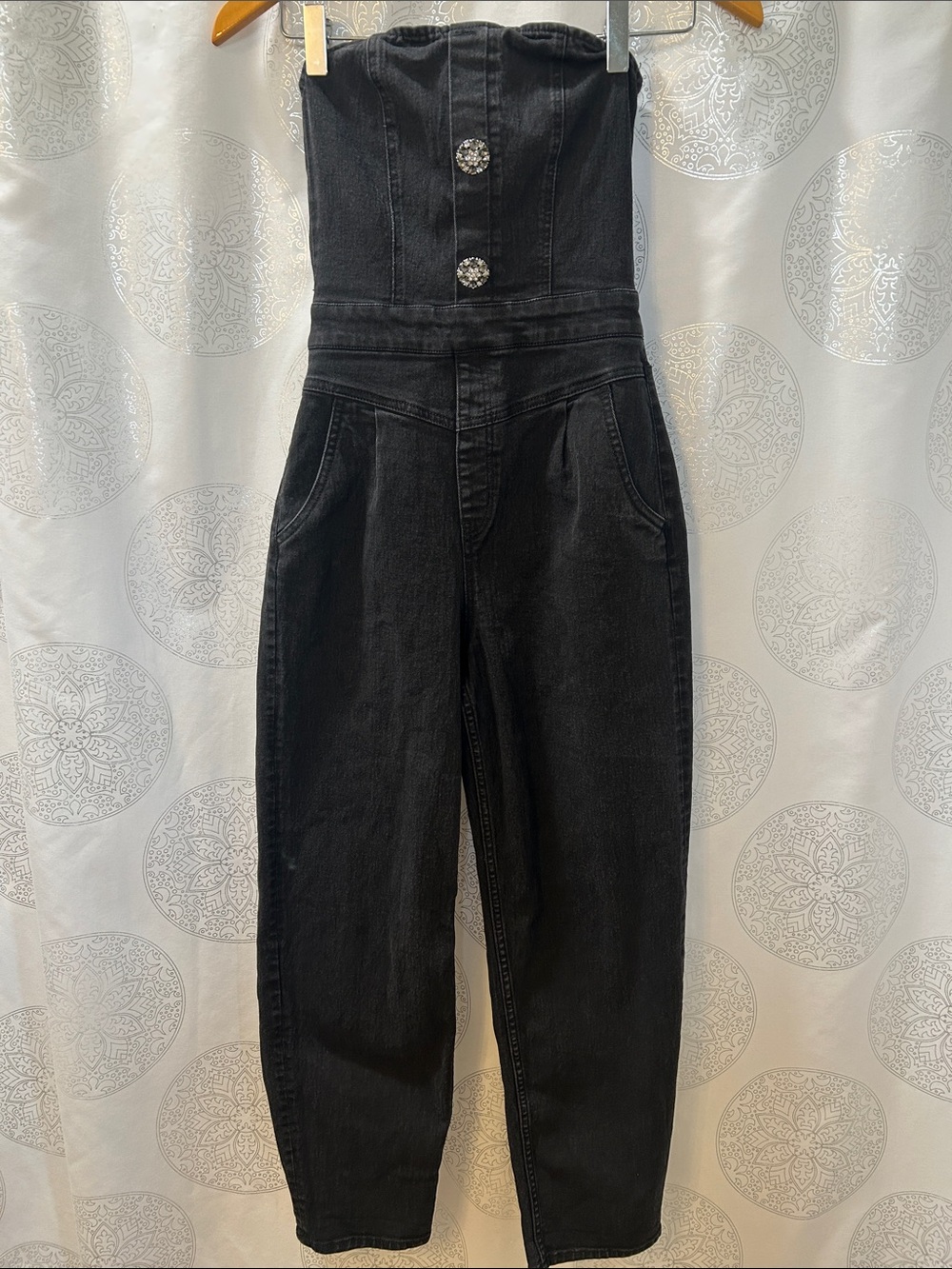 H&M Strapless Bandeau Black Denim Jumpsuit Overalls Women XS